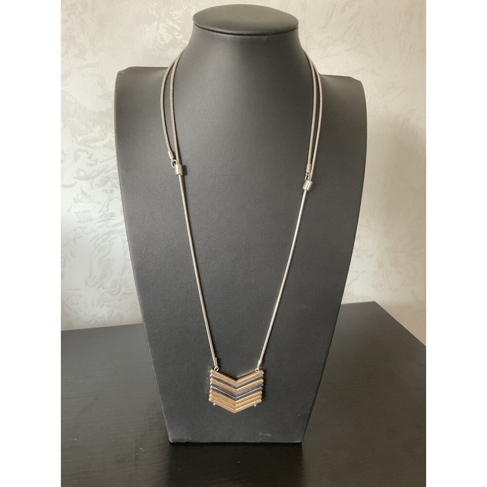 Vintage Chevron Necklace Silver & Gold-Tone Metal Long Chain